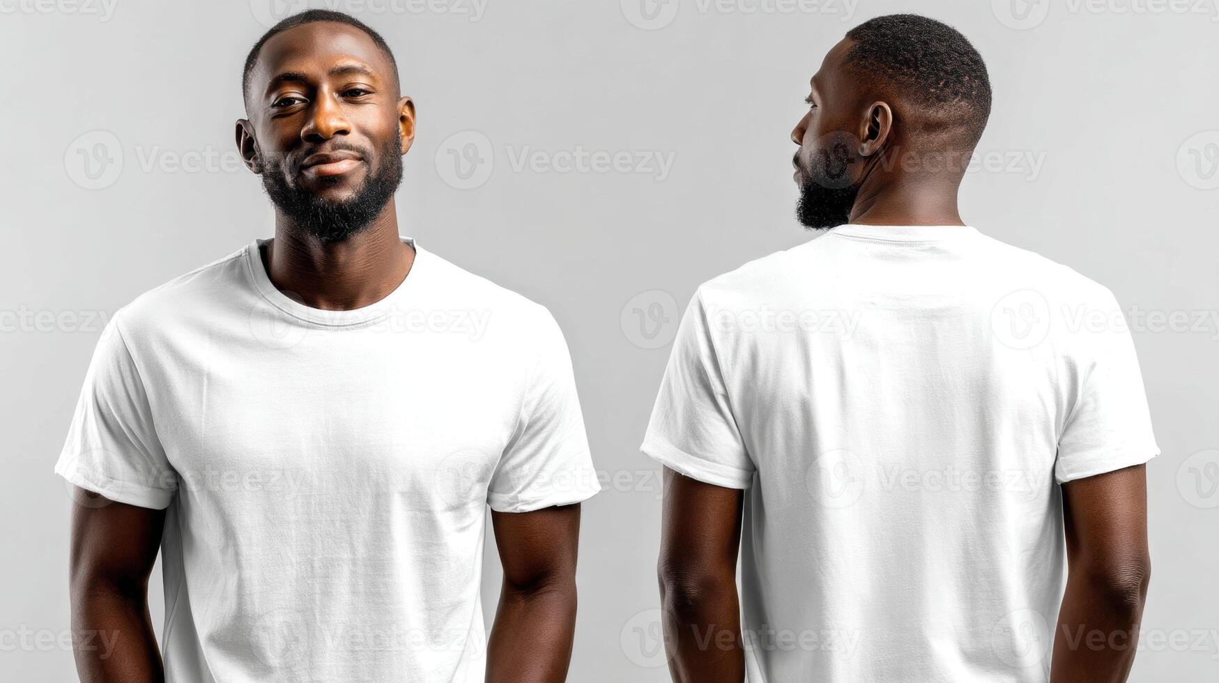 Designers can easily showcase their custom t shirt designs with this mockup featuring front and back views of a white blank t shirt on a male model photo