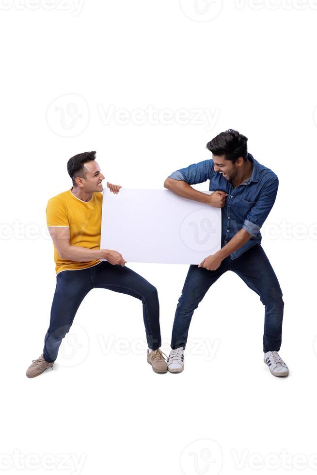 Smiling Asian male models holding a white blank board advertising concept photo