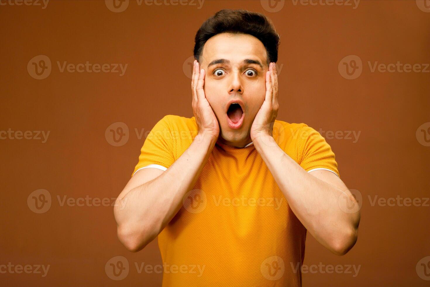 Indian model photo with a thrilled, scared, and surprised look.
