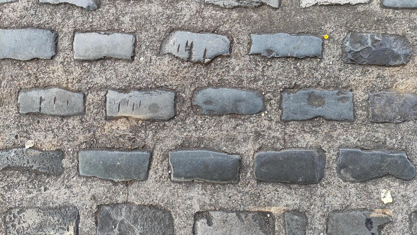 A detailed top-down view of rectangular stone pavement tiles arranged neatly, showing a uniform pattern and natural texture, perfect for backgrounds or design projects. Ideal for flooring references photo