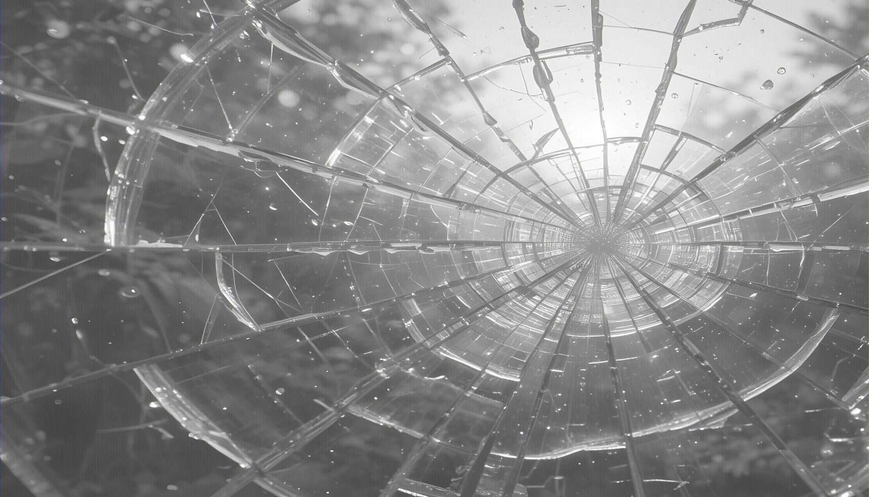 a broken glass window with the sun shining through it photo