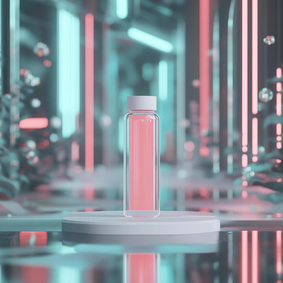 Innovative glass bottle design modern studio 3d render futuristic environment close-up view product concept photo