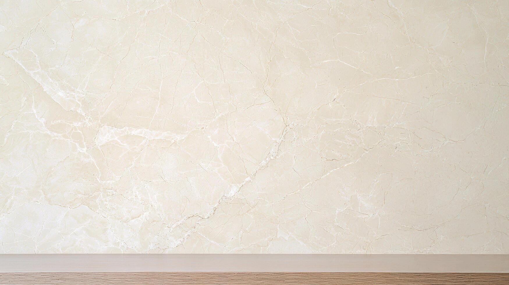 Beige Marble Wall With Light Wooden Shelf showing elegant cracked surface and smooth wooden base, ideal for mockups, product display, or minimal interior design backgrounds. photo