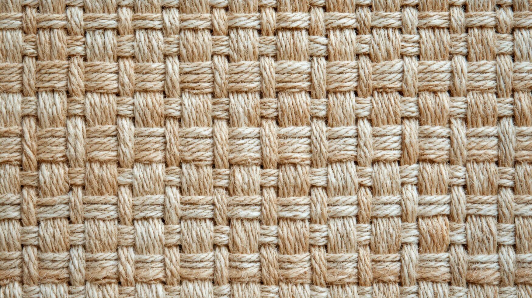 Woven natural rope mat texture close up with interlaced strands in a geometric square pattern of tan and cream fibers. photo
