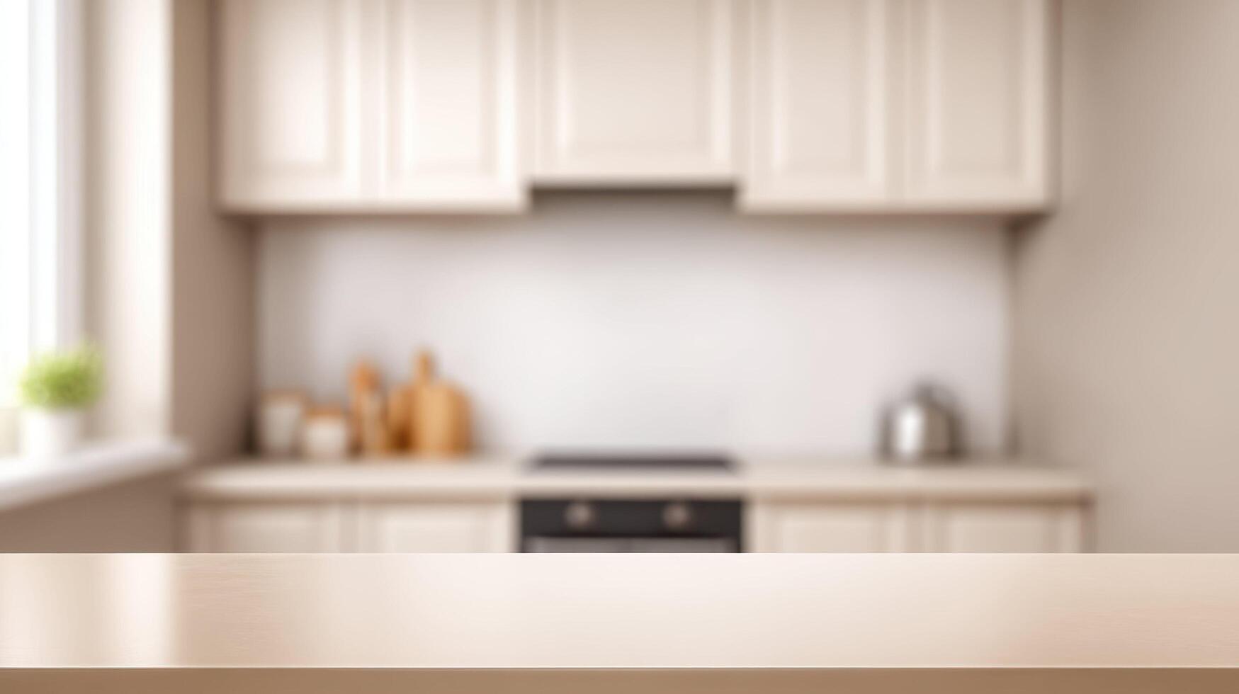 Clean polished table in bright neutral kitchen with sunlight through window, soft blurred background, and natural materials ideal for presentation or display mockup use. photo