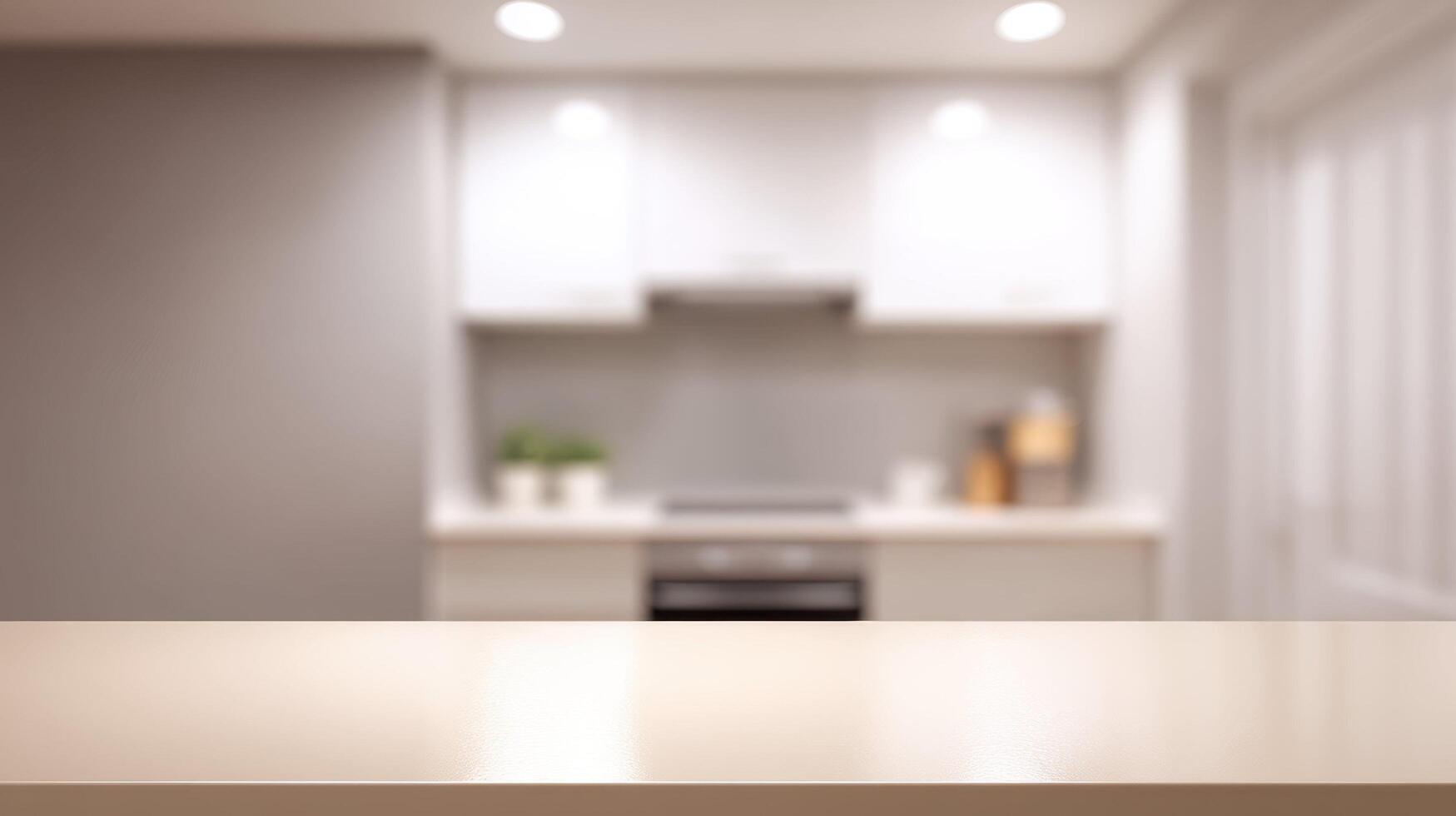 Polished countertop in bright modern kitchen with smooth surface, soft lighting, and blurred background ideal for product mockup or clean design presentation. photo