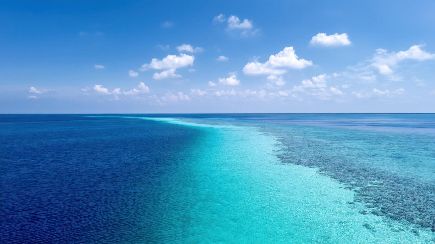 Tropical ocean horizon with clear blue water under a bright sky with fluffy clouds and a visible coral reef below the surface. photo