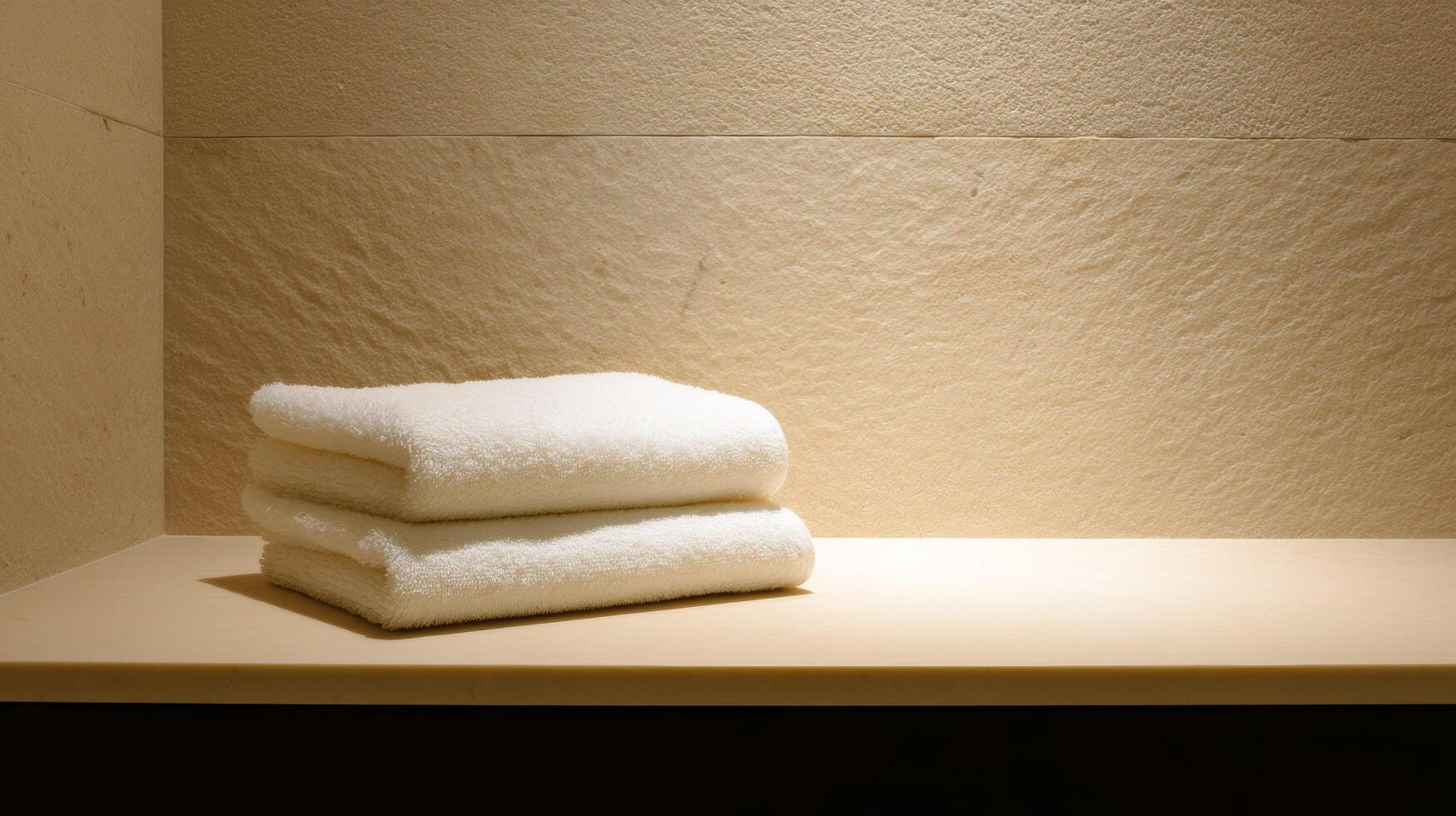 Folded white towels on marble shelf with warm lighting against textured beige wall in a clean minimalist interior. photo