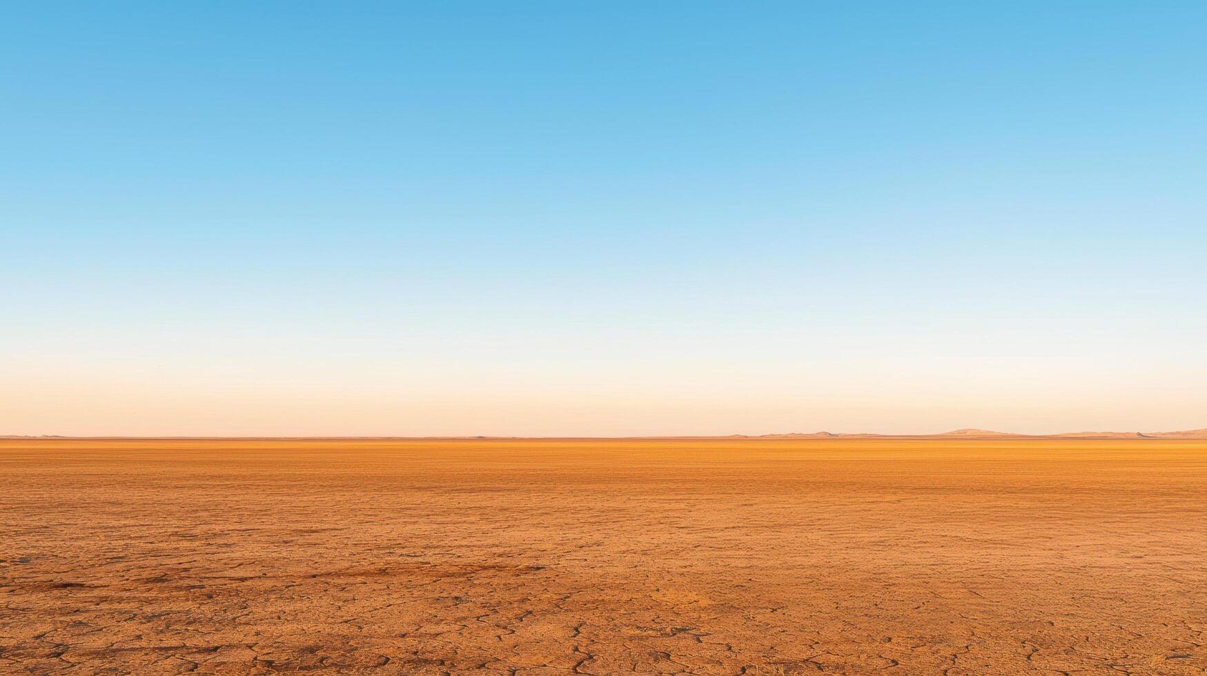 Flat cracked desert ground under clear sky stretches endlessly into the distance, with subtle orange hues and a dry barren surface across the horizon. photo