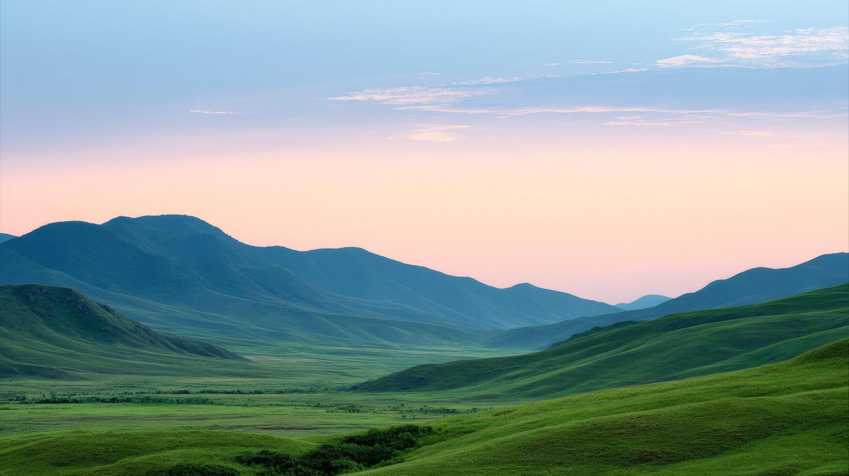 Rolling green hills under pink morning sky with soft pastel light across mountain landscape and peaceful natural scenery. photo