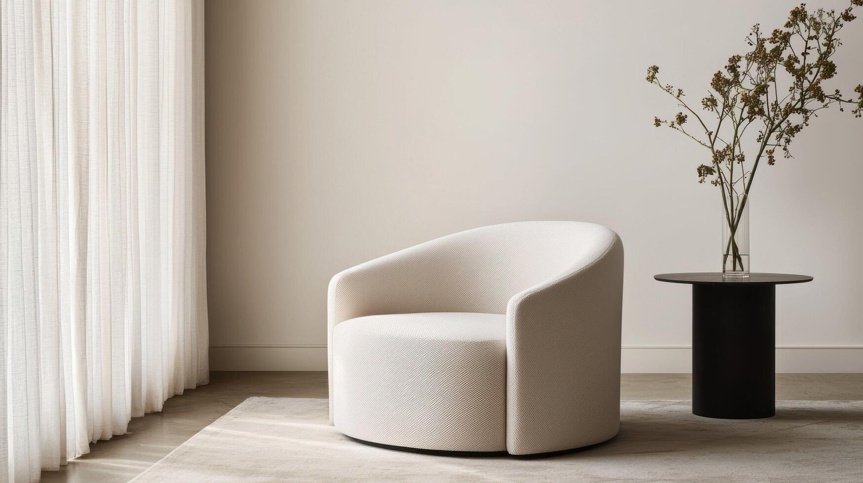 Minimal lounge chair and side table interior with soft neutral tones, sheer curtain, natural light, and delicate dried flowers in a tall vase. photo