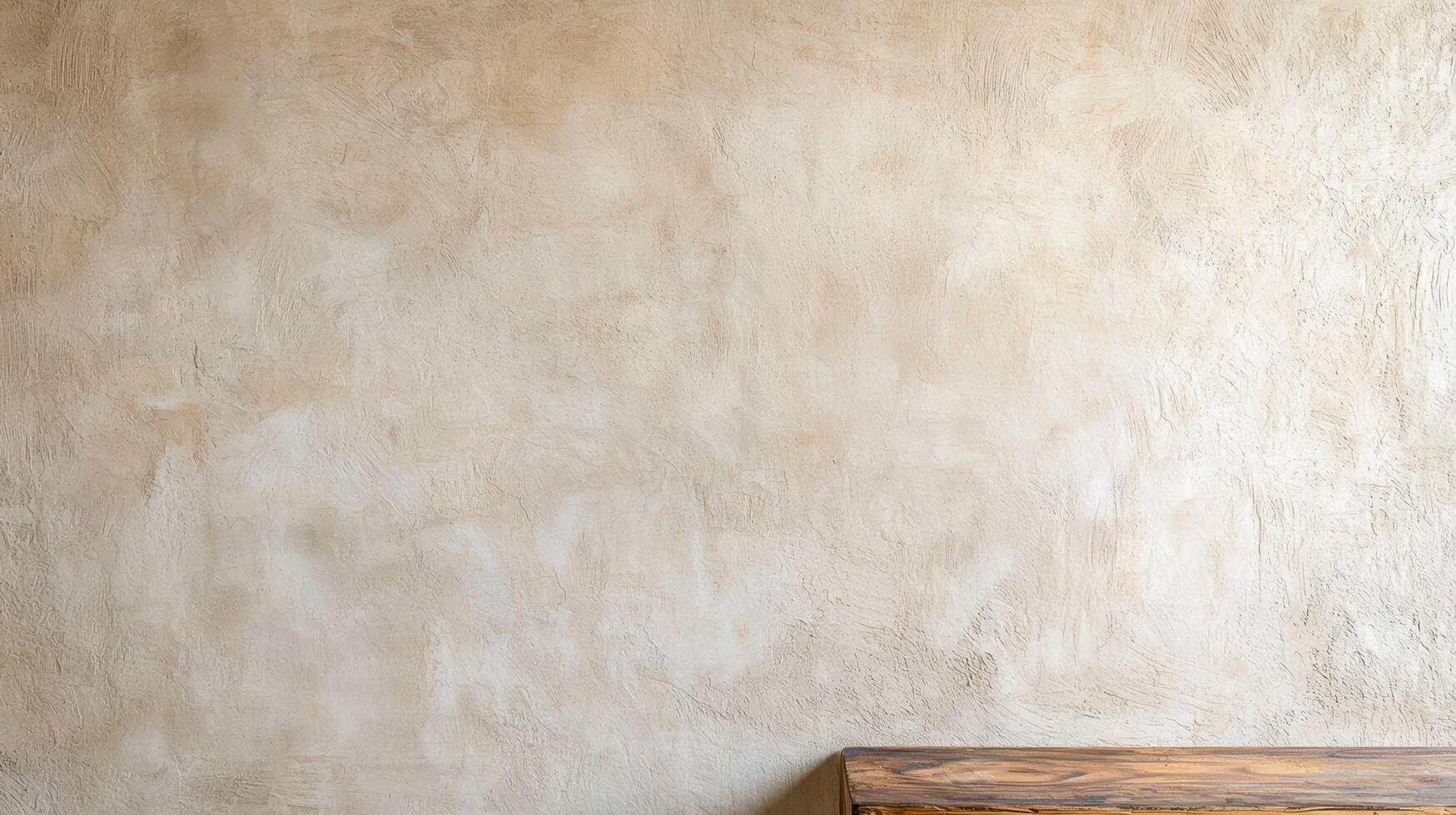 Textured beige plaster wall with wooden table features rustic materials, natural tones, soft texture, and warm minimalist interior styling with organic details. photo