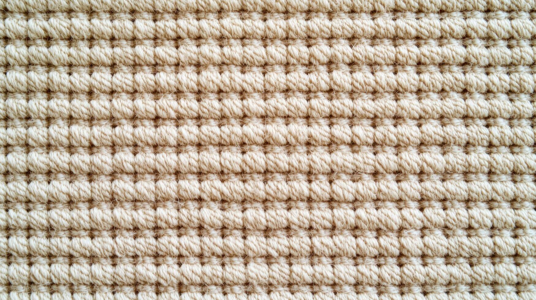 Close up view of woven beige carpet texture showing thick yarn fibers and repetitive woven pattern in soft lighting. photo
