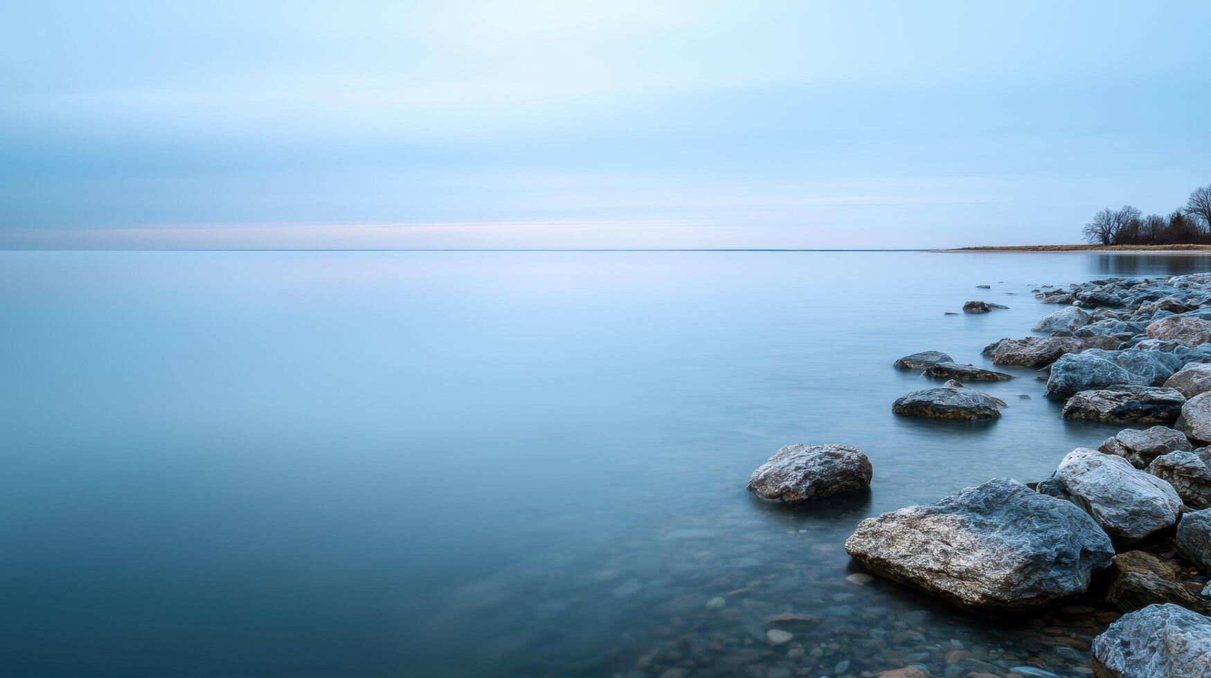 Tranquil rocky shoreline under blue sky with calm clear water stretching to horizon in peaceful natural landscape scene. photo