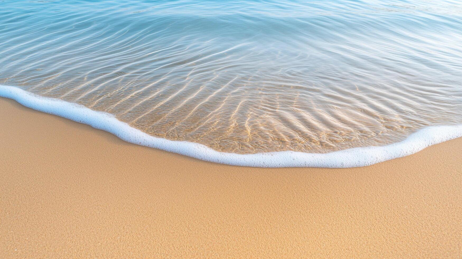 Gentle ocean wave touching sandy beach with clear water and smooth ripples in a calm and bright coastal environment under daylight. photo