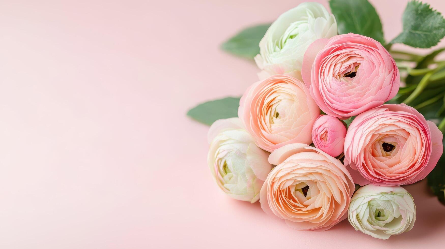 Pink and white ranunculus flowers bouquet arranged with green leaves on soft pastel background in elegant floral composition. photo