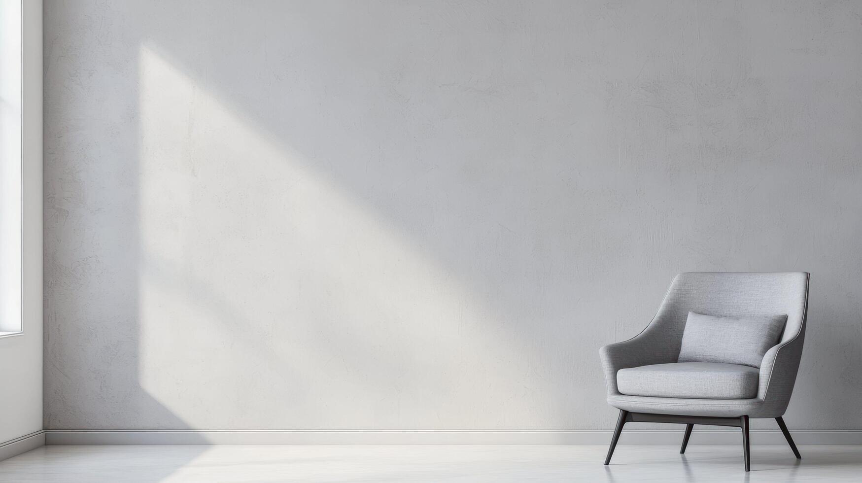 Modern gray armchair in minimal room with soft lighting and textured wall surface, creating a calm and elegant interior setting. photo