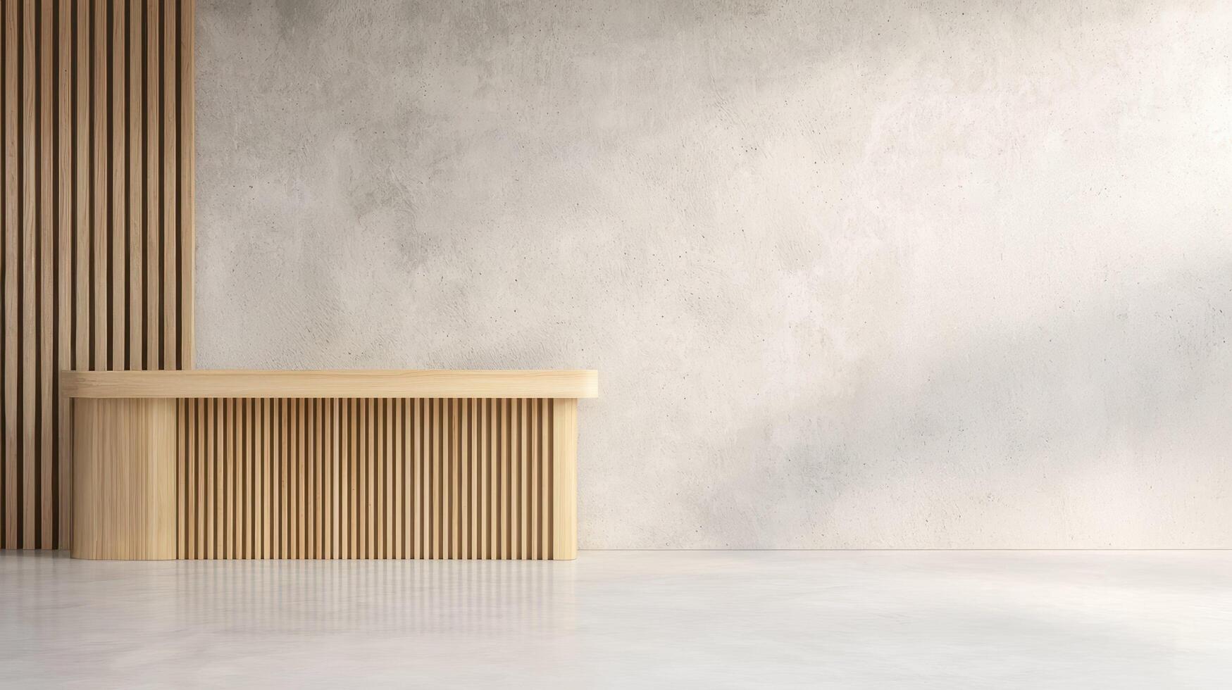 Minimal wooden reception desk against concrete wall features modern interior design with natural textures, vertical slats, soft colors, and clean architectural lines. photo
