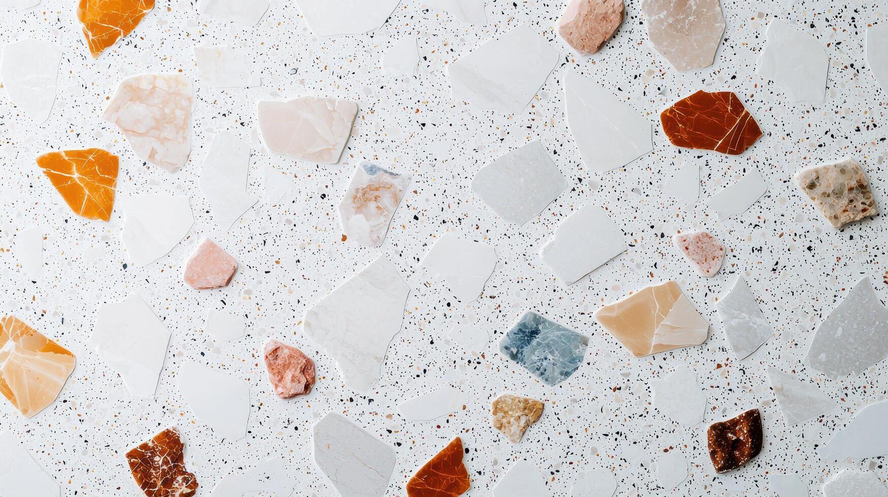 Colorful Terrazzo Surface with Polished Stone Fragments featuring a mosaic of marble pieces in vibrant tones on a speckled background. photo