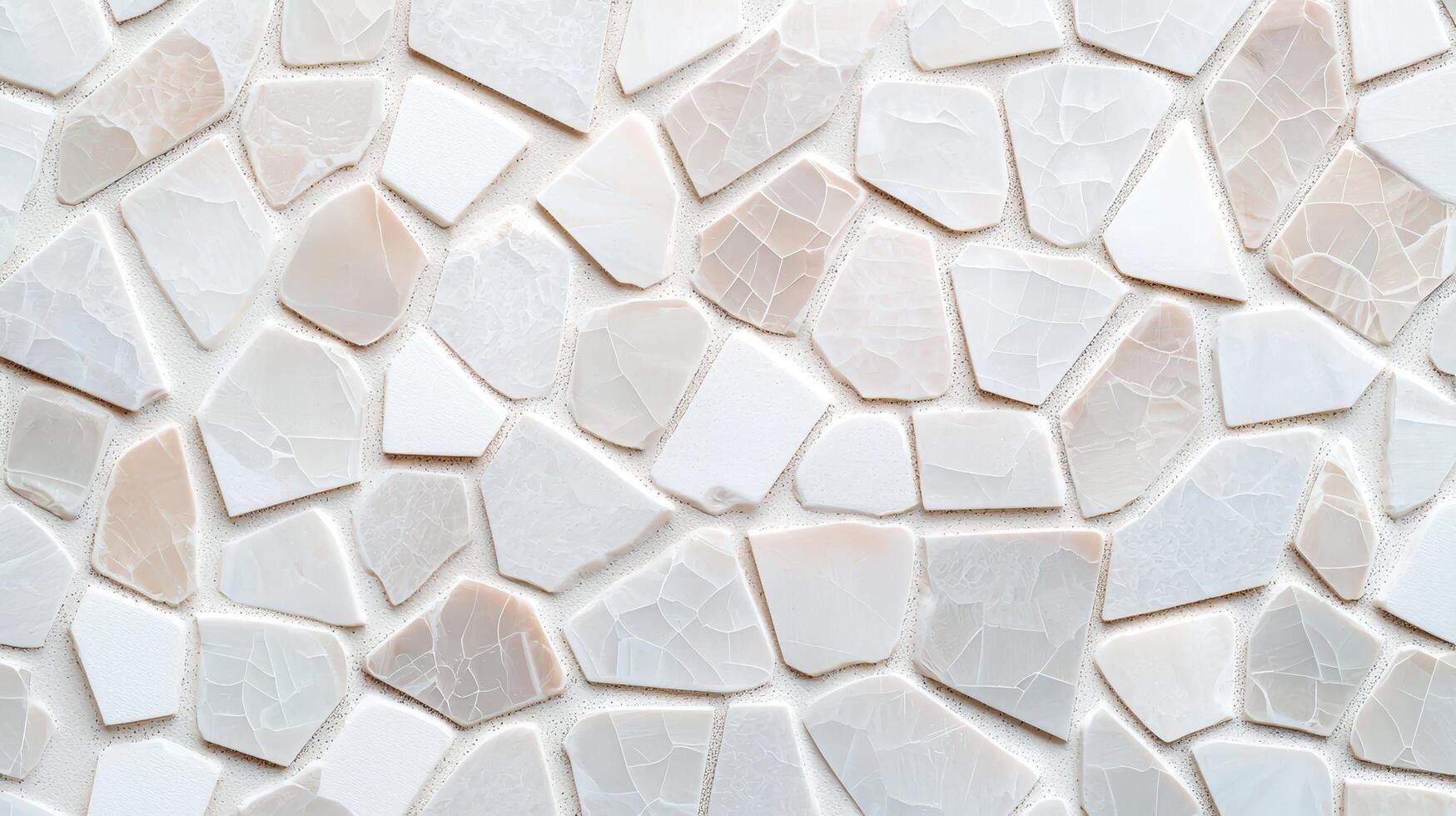 White irregular cracked mosaic tile pattern composed of randomly shaped ceramic pieces with a textured surface and subtle beige accents. photo