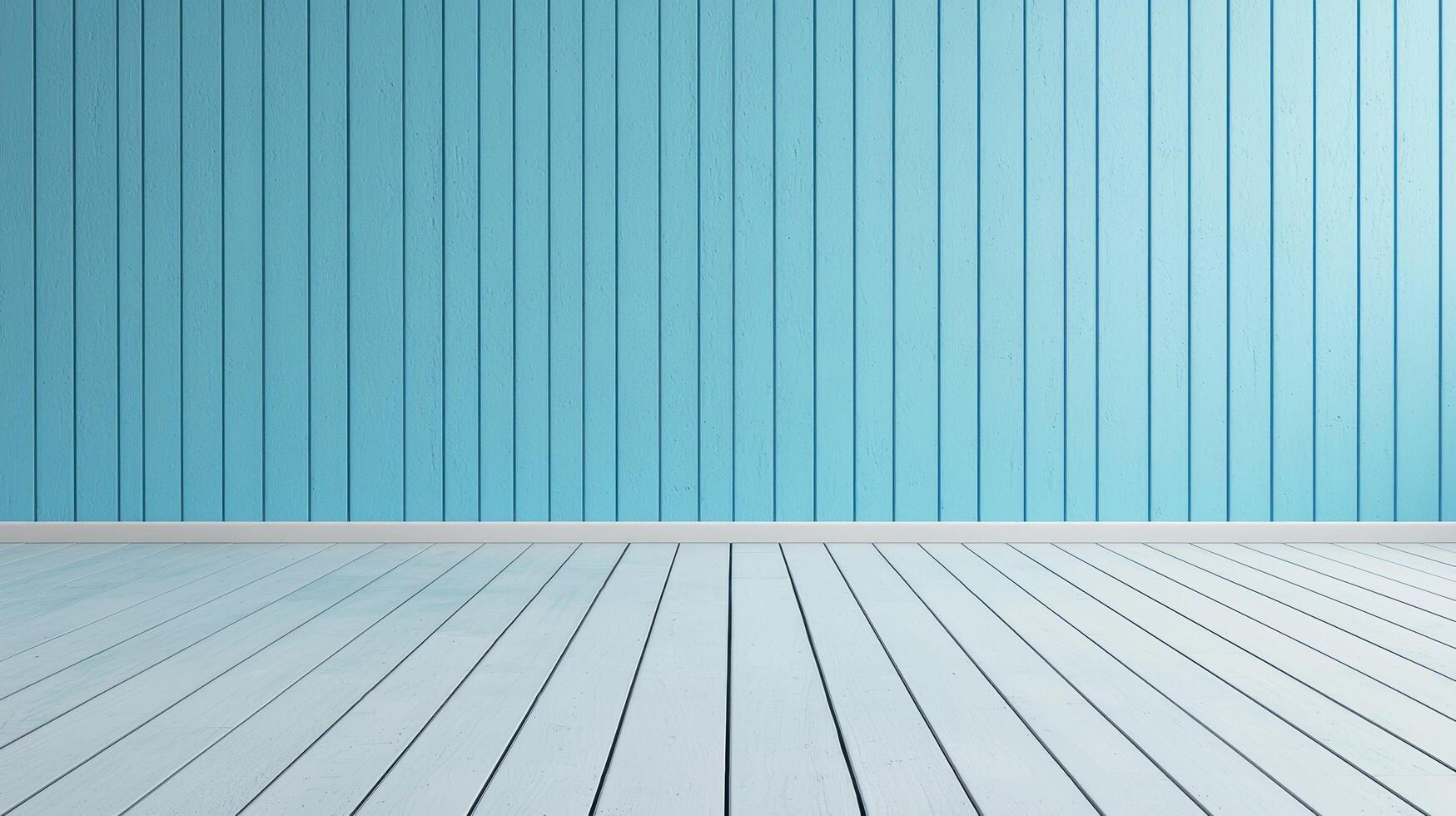 Light Blue Wooden Wall And Floor Interior featuring vertical paneling and clean plank flooring in a minimalist room design. photo