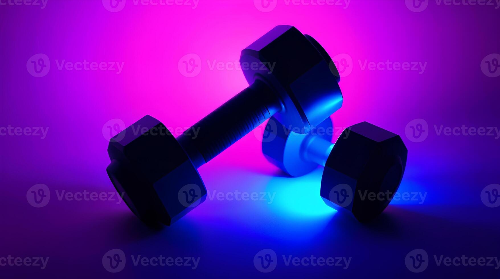 Two dumbbells in front of a purple light photo