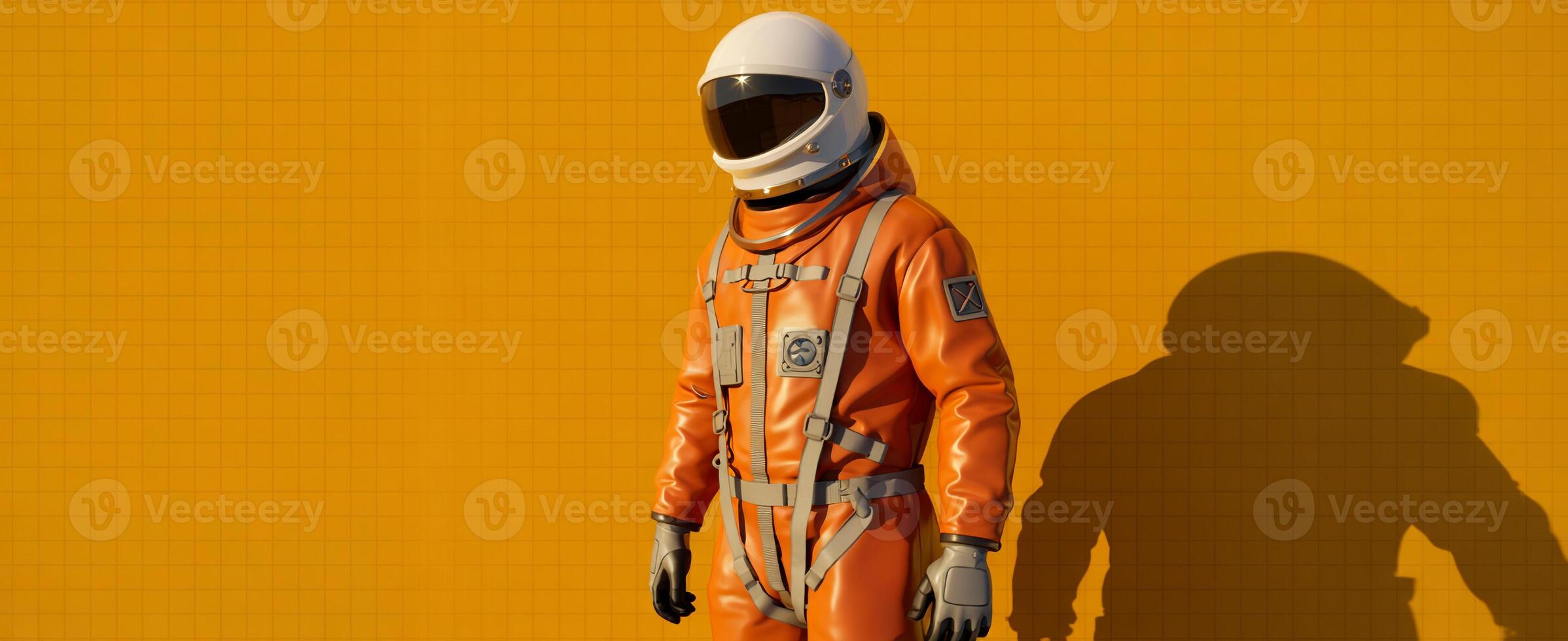 An astronaut in an orange space suit standing in front of a yellow background photo