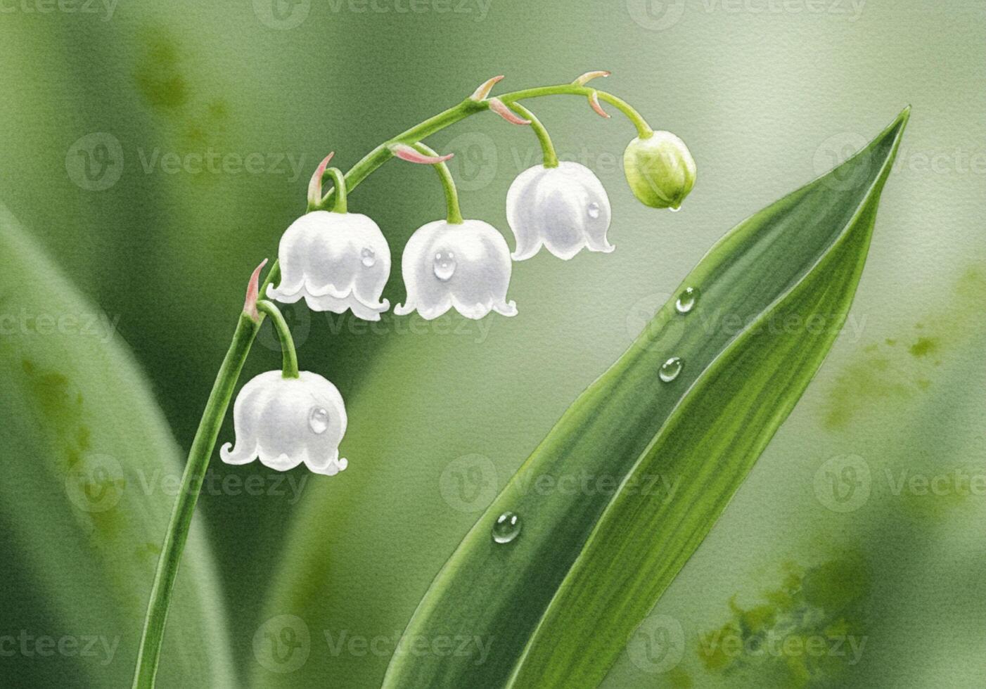 A painting of lily of the valley with water droplets photo