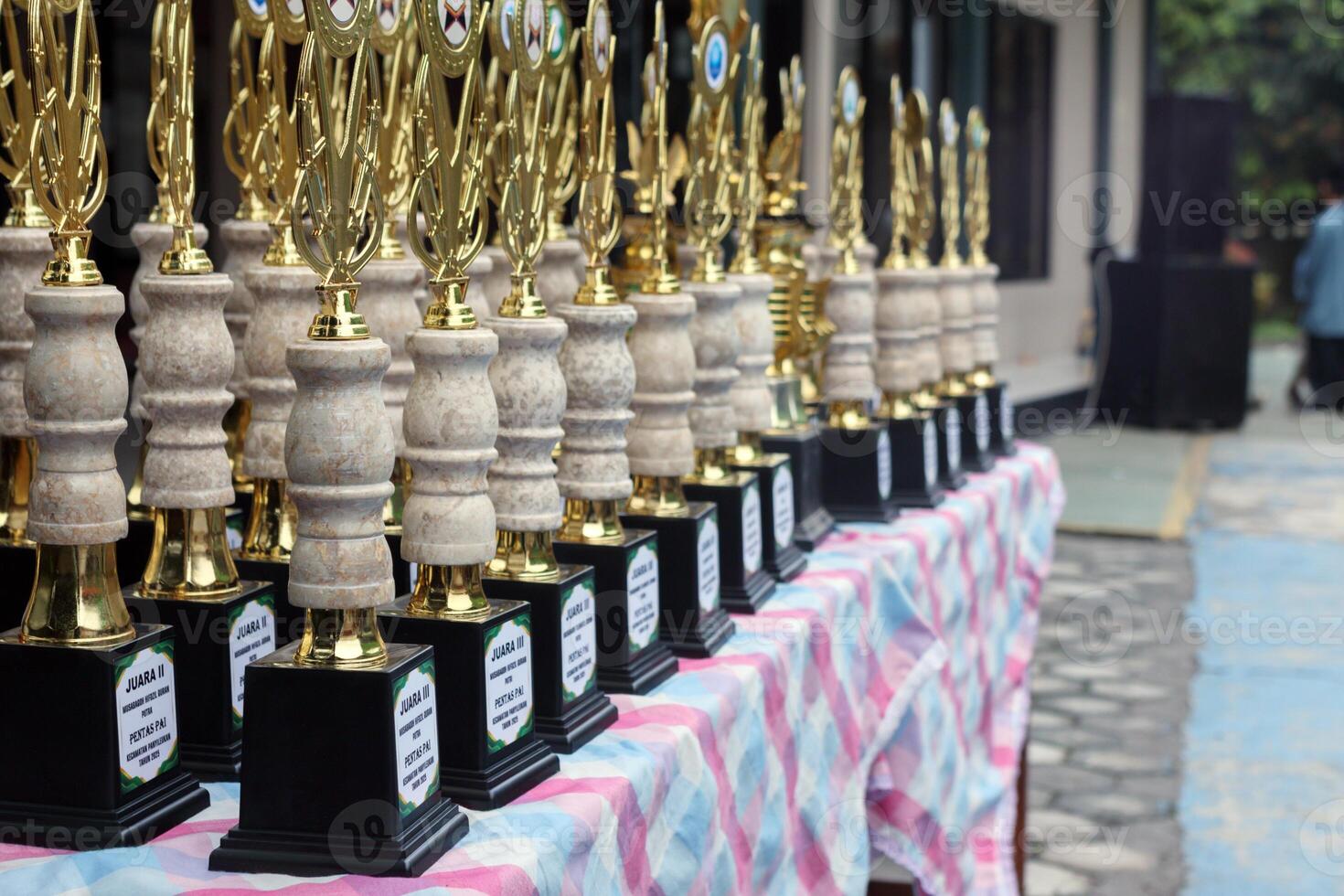 Line of trophies for school achievement ceremony showcasing awards for academic and extracurricular success photo