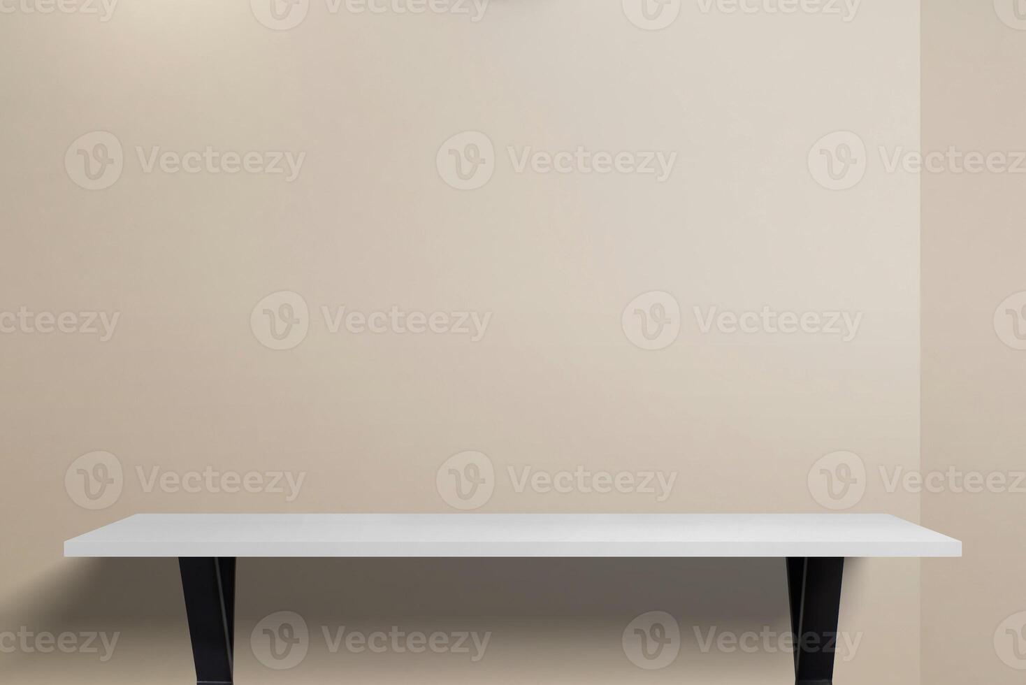 Minimalist white desk with black legs, positioned in the corner of a room with beige walls, perfect for small office setups, student workspaces, or home study areas photo