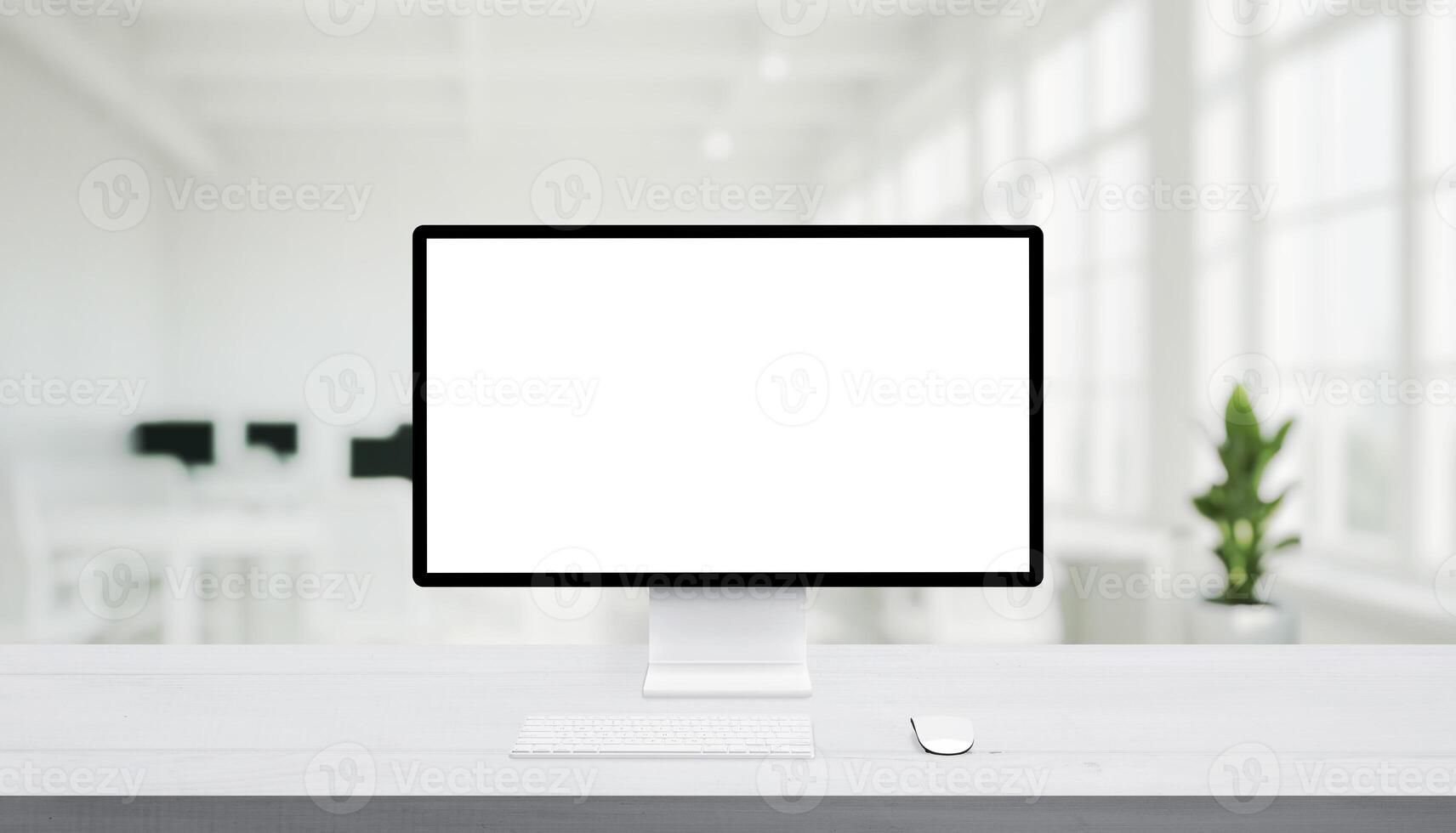 Computer monitor mockup on clean desk, ideal for showcasing web design studio work, websites, and digital interface concepts photo