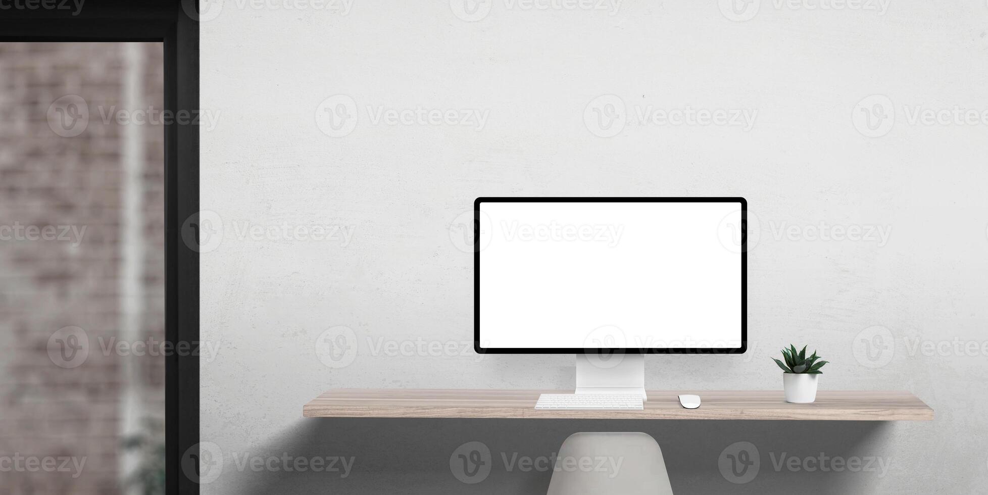 Office computer display mockup in clean and flat workspace, with a single plant on the desk and office door on the left, perfect for eco-friendly branding photo