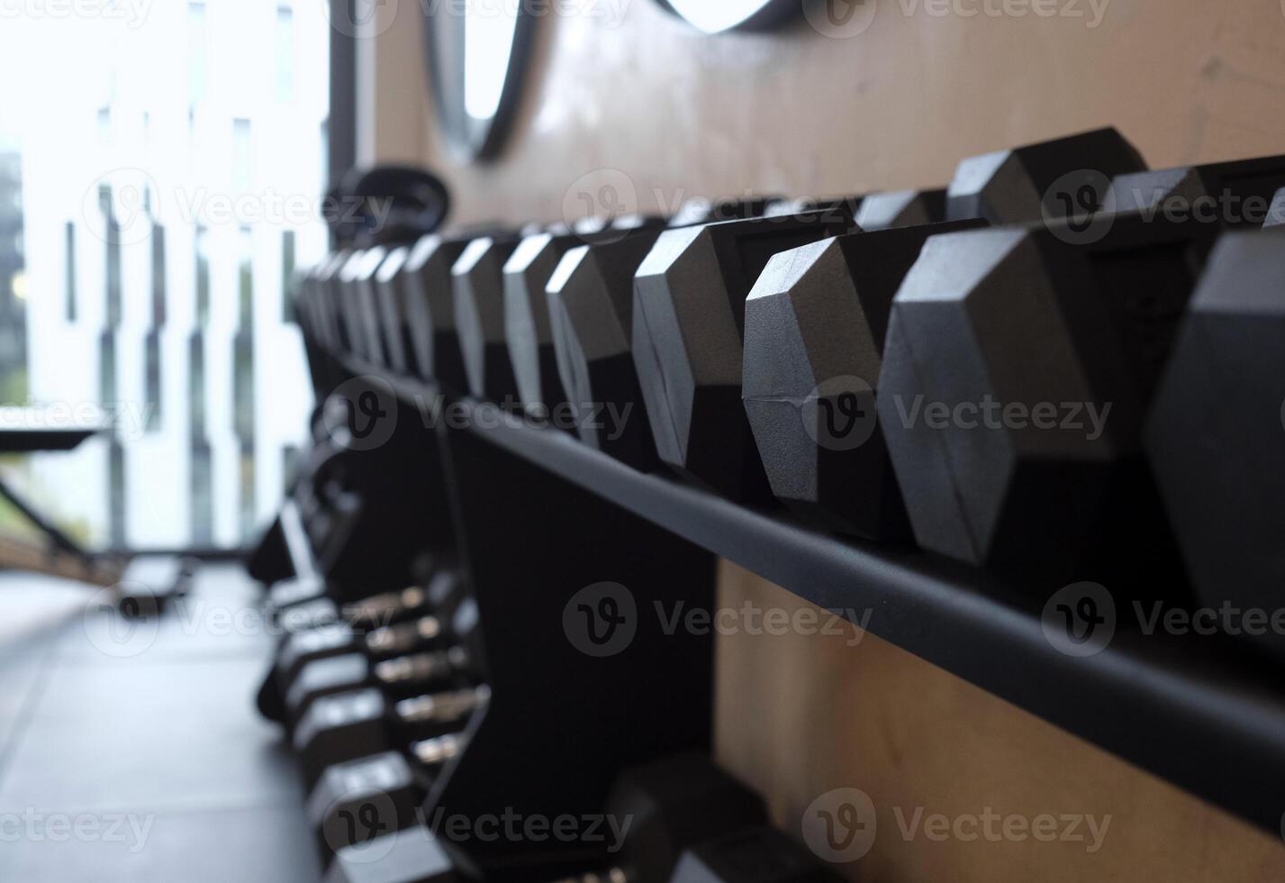 A row of weights in a gym photo
