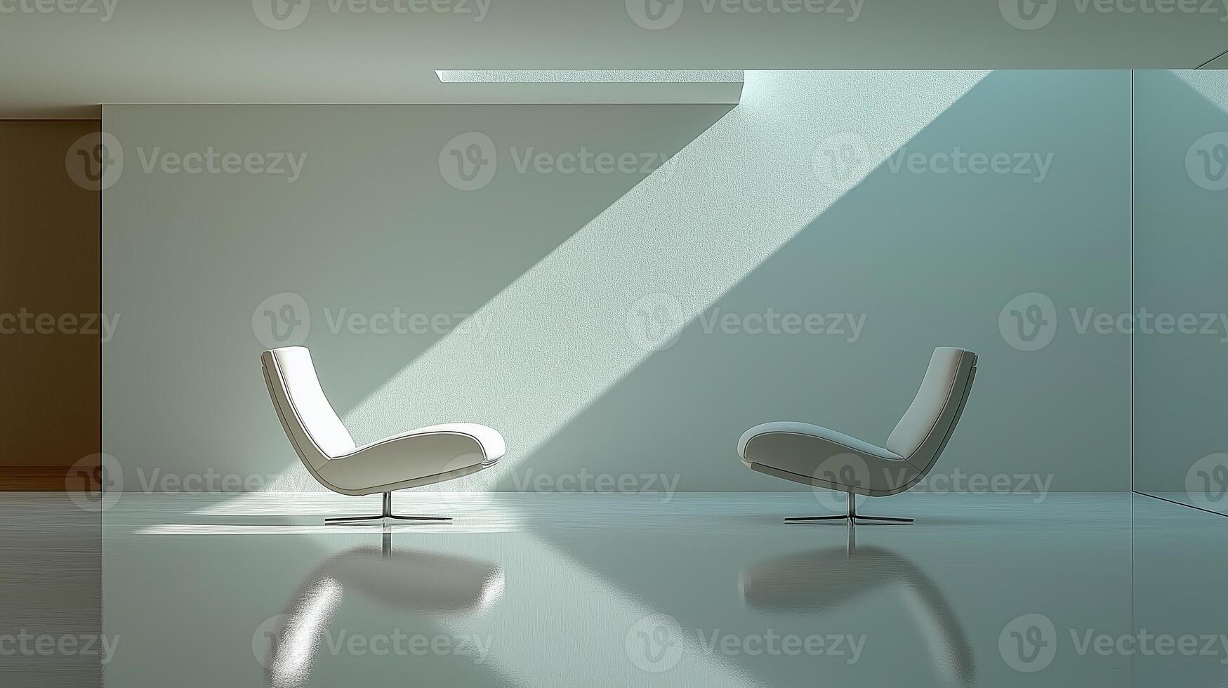 Two chairs facing each other in an empty white room, representing therapy session, silence, introspection and connection photo