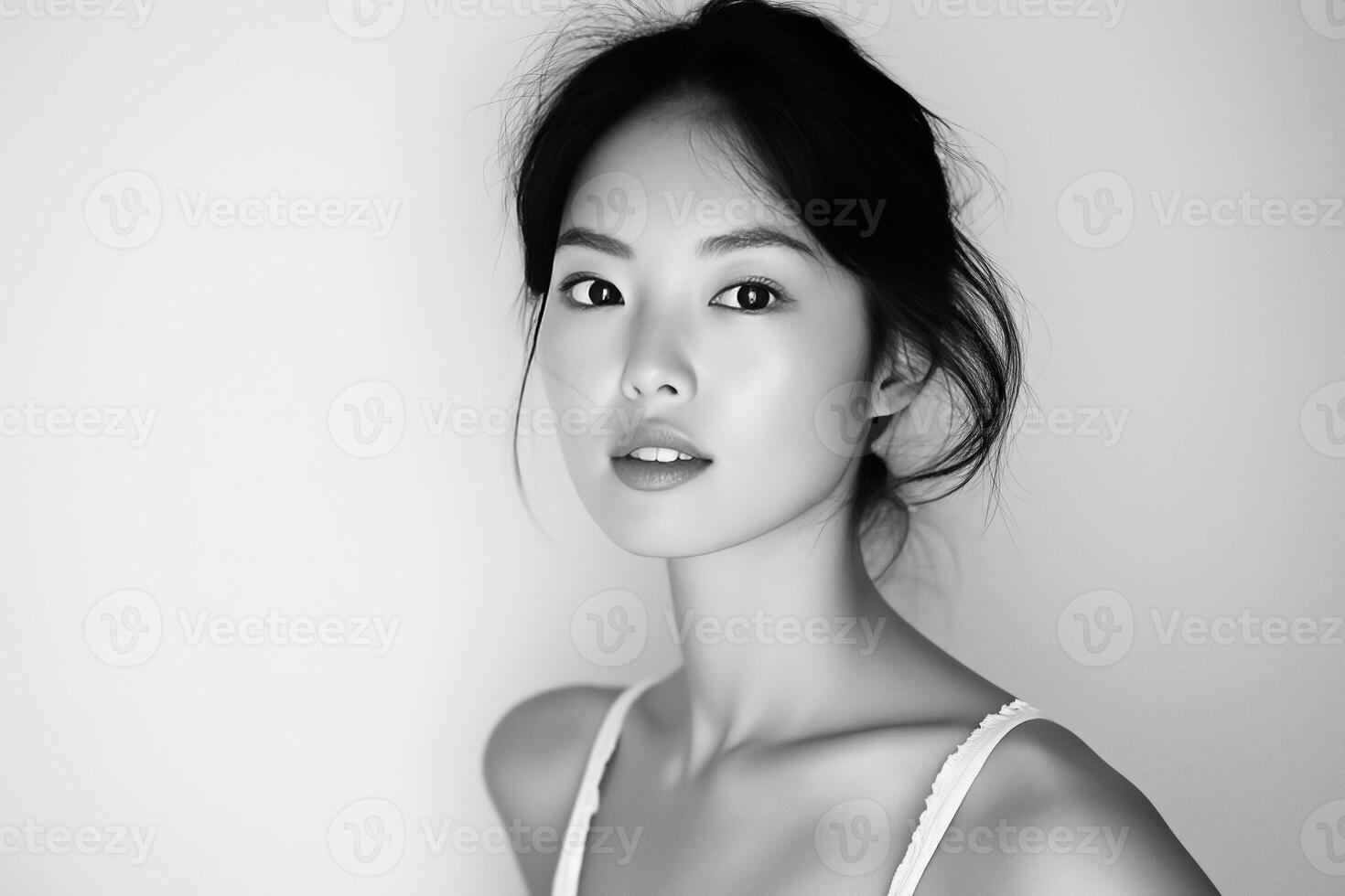 Korean woman with graceful features and expressive gaze in studio photo