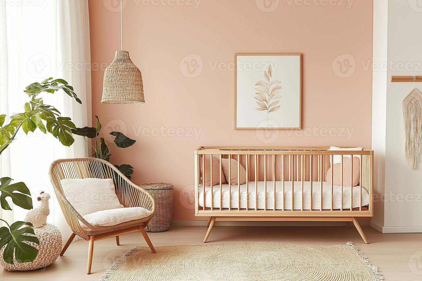 Elegant nursery design with wooden crib and soft pink walls in cozy atmosphere photo