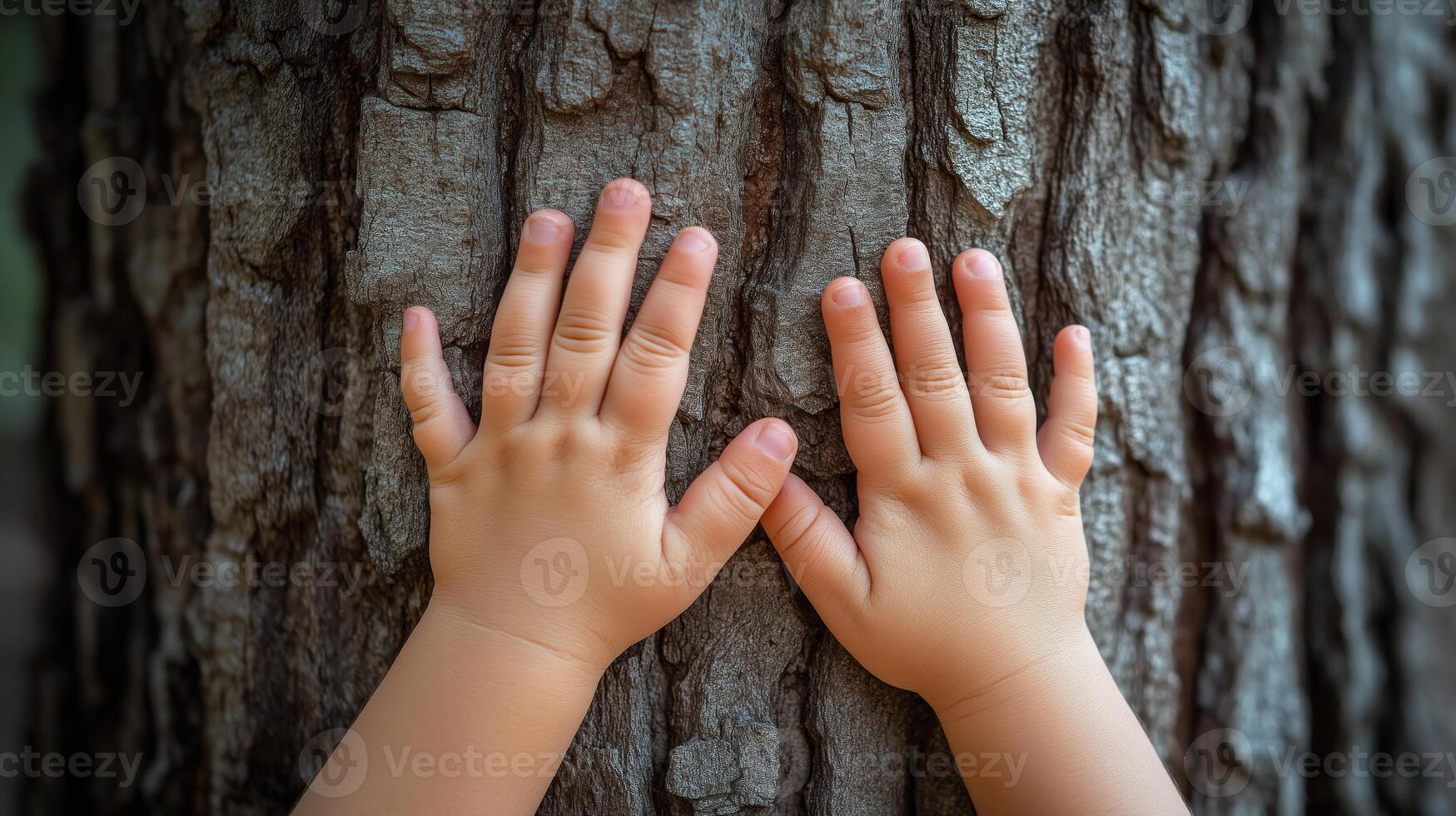 Child's hands gently touching a tree trunk in a natural setting during photo