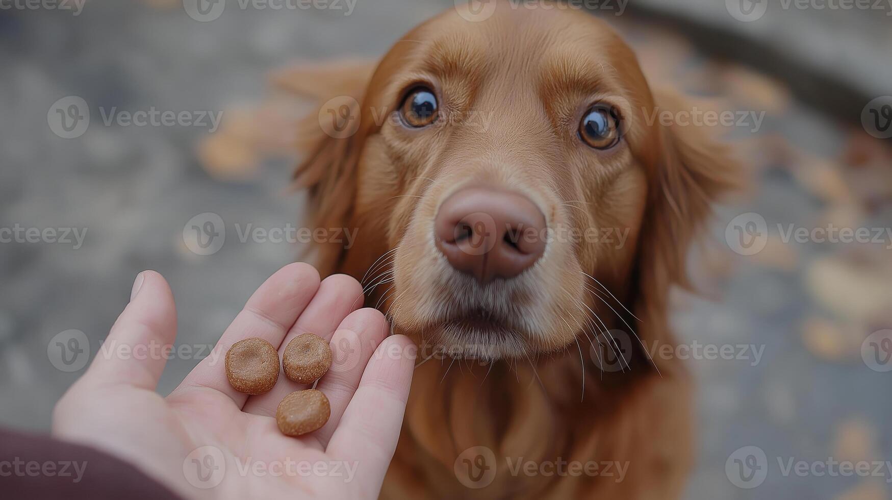 Dog eagerly awaiting treats on a cool autumn day in a park setting photo