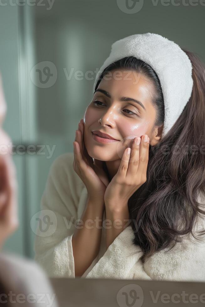 Woman enjoys self-care routine while looking in the mirror at home photo