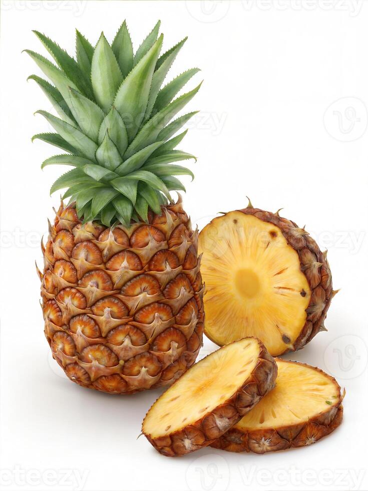 Fresh Pineapple with Juicy Slices on White Background photo