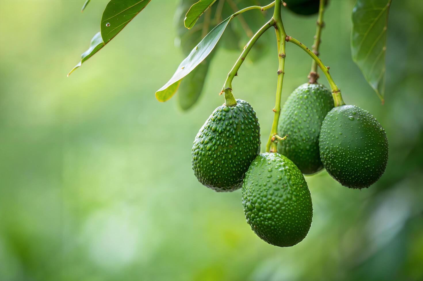 Close-Up of Fresh Avocados Hanging from a Tree photo