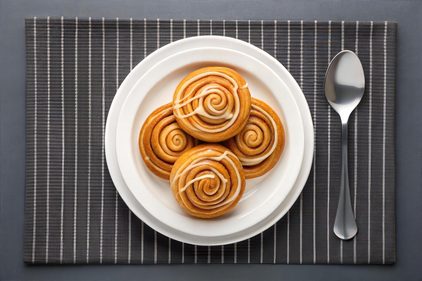 Stack of Glazed Cinnamon Rolls on Modern Table Mat photo