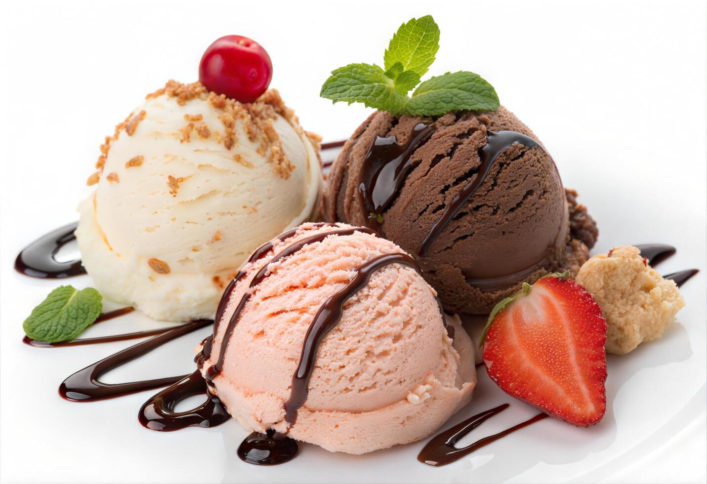 Colorful Ice Cream Scoops with Rich Toppings on White Background photo