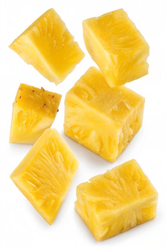 Close-Up of Juicy Pineapple Pieces on White Background photo
