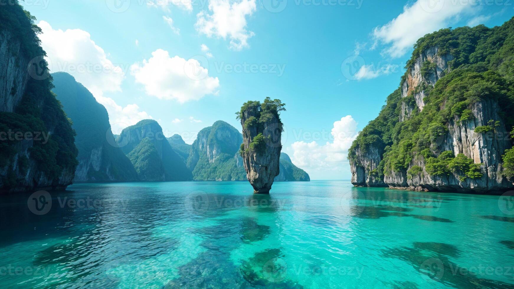 Idyllic Tropical Island Paradise Turquoise Waters, Majestic Cliffs, Lush Greenery photo