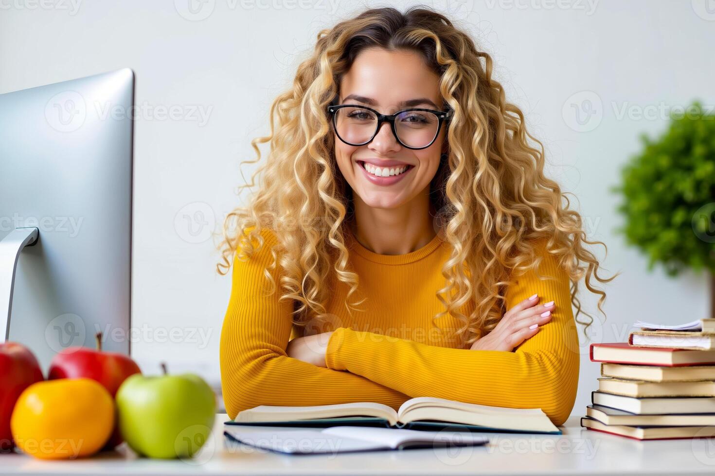 A woman sitting at a desk with books and a computer photo