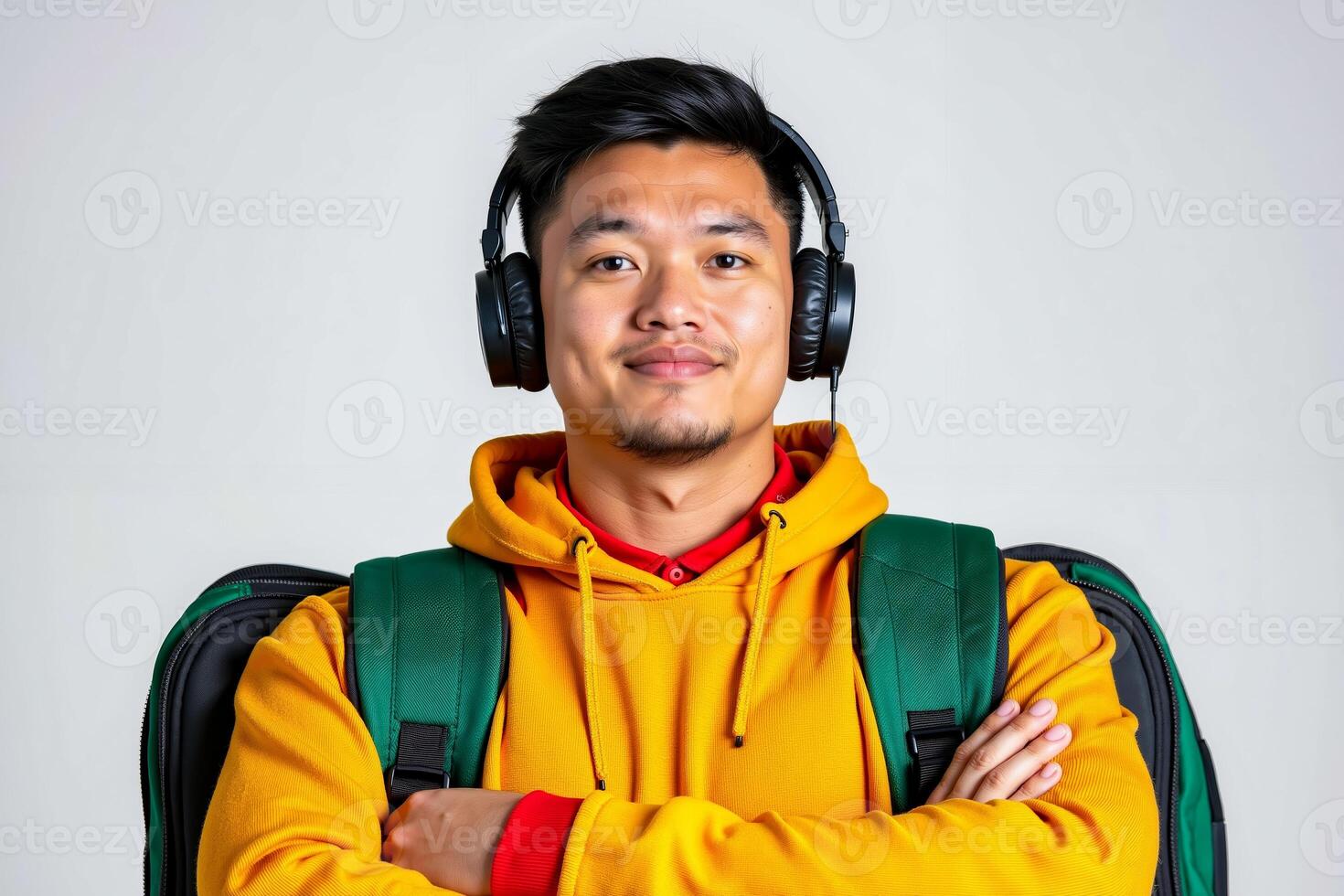 A man wearing headphones and a yellow hoodie with his arms crossed photo