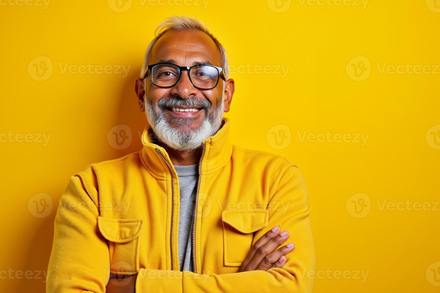 A man with glasses and a yellow jacket smiles at the camera photo