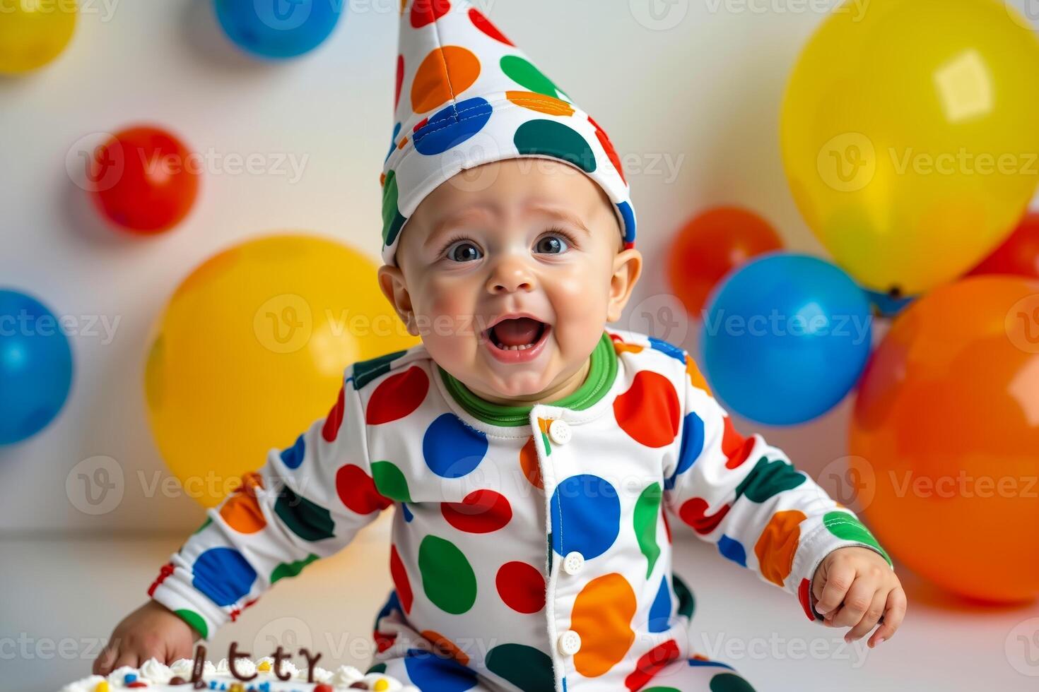 A baby in a clown hat sitting in front of a birthday cake photo