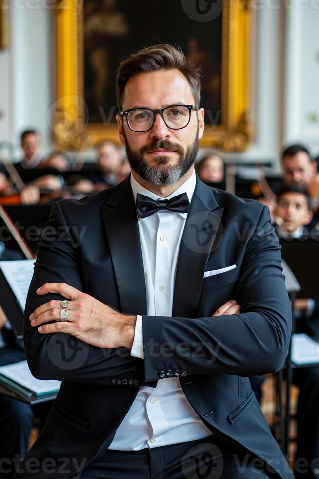 A man in a tuxedo and bow tie standing in front of an orchestra photo